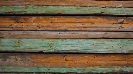 Obraz premium Close-up of weathered wood planks with peeling paint, rustic and textured, with copy space