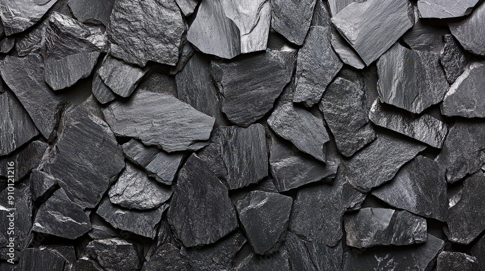 Aufkleber A unique wall composed of dark slate stones arranged in an irregular pattern, showcasing various shapes and textures