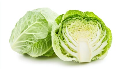 Fototapeta premium Halved green cabbage with vibrant, tightly packed leaves. The layers are intricately detailed, showing the freshness of the vegetable, isolated on a white background