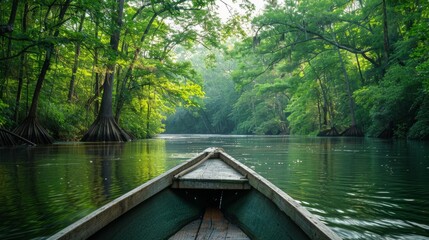 canoe in the middle of a river in the Amazon at dawn