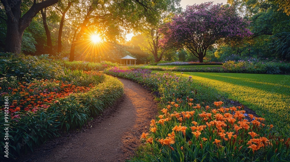 Sticker A winding pathway leads through a blooming garden, surrounded by colorful flowers as the sun sets behind lush trees