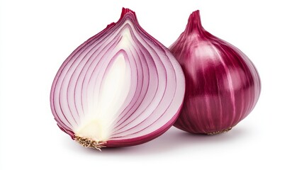 Halved red onion, showing the vibrant purple layers and white core, with a fresh, crisp appearance. Isolated on a white background