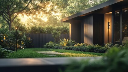 Obraz premium A modern house with an attractive dark grey fence, set against the backdrop of lush green trees and grass