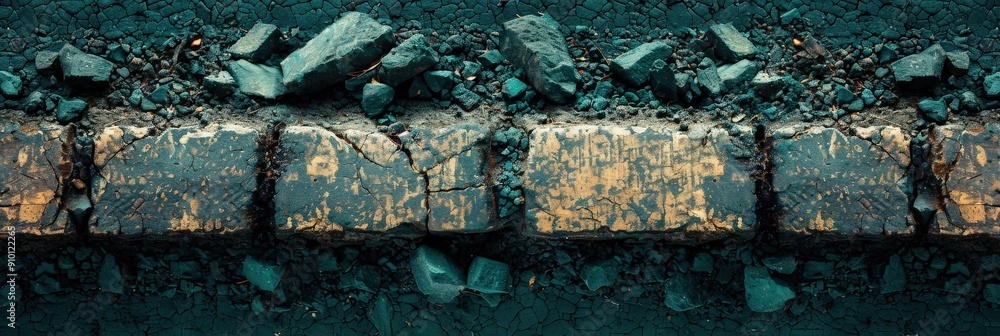 Poster cracks expose rocks and layers beneath a weathered pavement in an urban environment, highlighting we