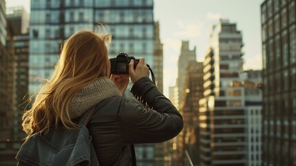 Woman photographing the city with camera,World Photography Day