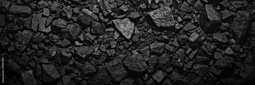 Aufkleber A close-up view showcases the rough texture and varying sizes of dark coal rocks scattered across a surface, illuminated by soft light