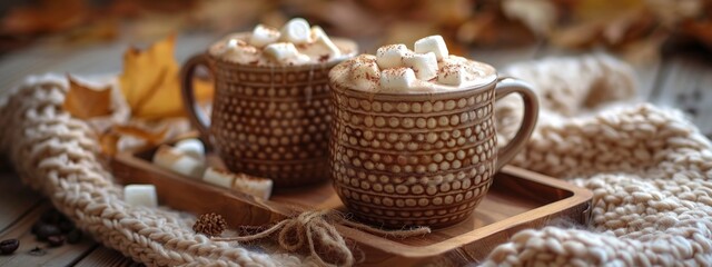 hot cocoa with marshmallows in mugs on wood tray surrounded cozy blanket and autumn leaves.  warm and inviting atmosphere in fall concept.  banner