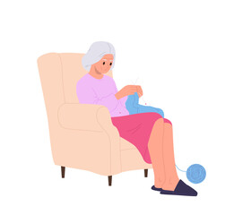 Retired happy elderly woman cartoon character knitting and sitting in armchair isolated on white