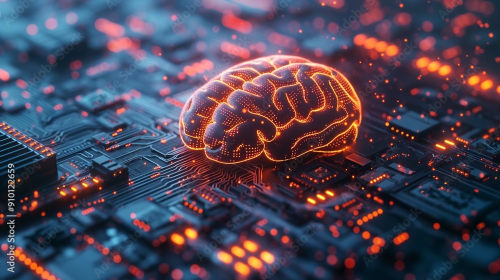 Poster glowing digital brain on a circuit board, representing ai, technology, and neural networks in a futu