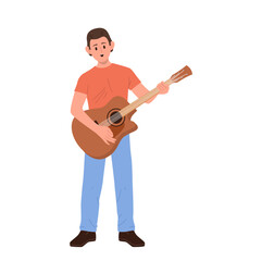 Young man cartoon character enjoying hobby activity playing guitar and singing isolated on white