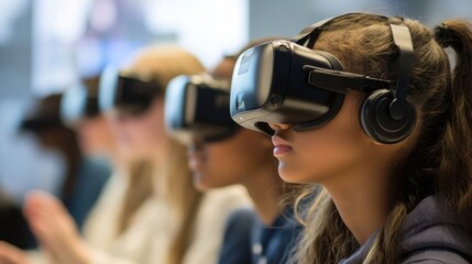 Students wearing VR headsets immerse themselves in a virtual learning environment exploring interactive simulations and educational games with a teacher guiding them through the experience this