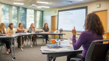 An educator conducting a professional development workshop for fellow teachers in a well-lit conference room with engaging presentations and interactive discussions the scene highlights the