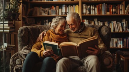 An adult couple sitting comfortably in a cozy library corner reading books together their relaxed postures and the warm inviting atmosphere emphasize the lifelong joy of learning and the shared