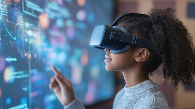 A student in a classroom wearing VR glasses exploring an immersive educational simulation with the teacher facilitating the experience the futuristic setup and the student's engagement illustrate the