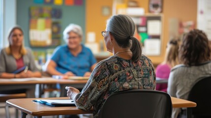 Fototapeta premium Adult learners in a community center classroom engaged in a language course with a dynamic instructor leading the session the diverse age group and the interactive learning environment highlight the