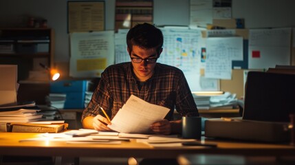 A dedicated teacher working late into the night grading papers and preparing lessons in a quiet classroom the scene captures the commitment and hard work involved in providing a quality education for