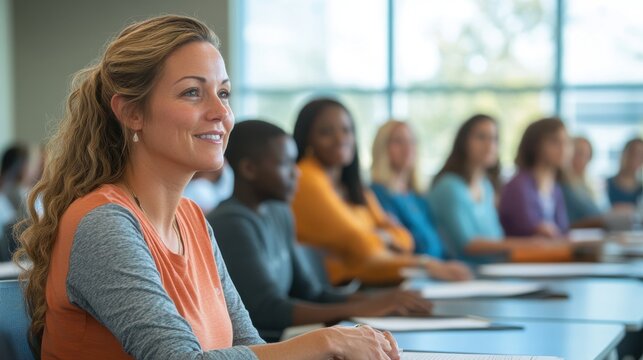 Adult learners in a modern classroom participating in a professional development workshop with a dynamic instructor leading the session the diverse age group and the interactive learning environment