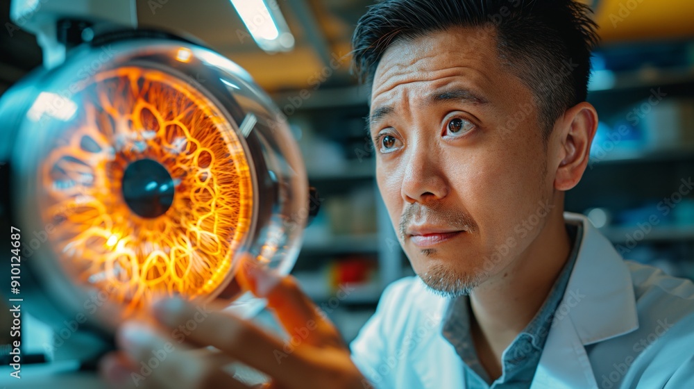 Poster a focused scientist examines a glowing instrument in a lab, displaying a keen interest in the intric