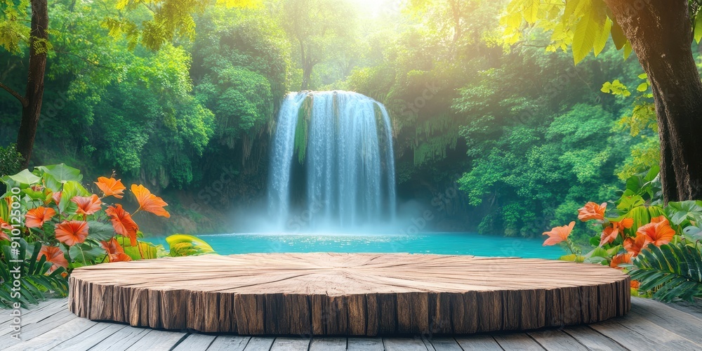 Wall mural Wooden Platform with Waterfall Background