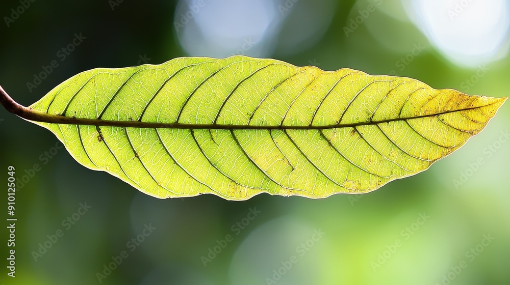 Poster a vibrant green leaf is highlighted against a softly blurred backdrop of natural greenery, showcasin