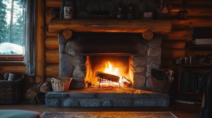 Rustic Cabin Fireplace: Cozy Retreat with Warm Ambiance | Stock Photo
