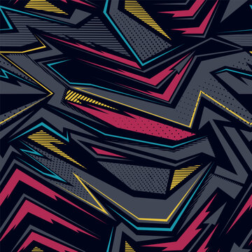 Curved geometric pattern with arrows, stripes. Digital ornament with geometric background, dots for sport textile. Drive ornament. Robotical elements wall