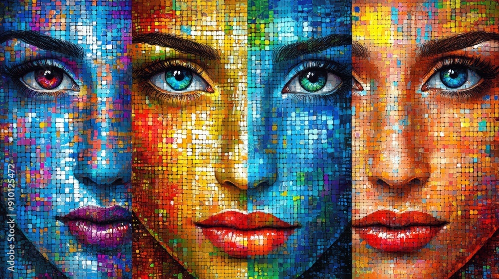 Poster three stunning mosaic portraits showcase vibrant colors and intricate patterns, emphasizing diverse 