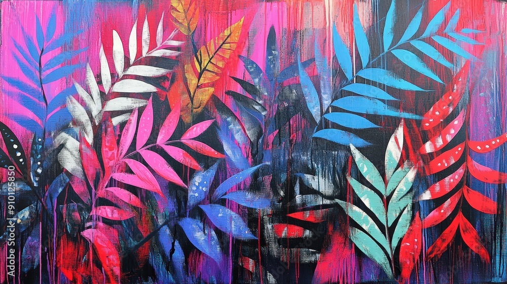 Aufkleber a striking display of abstract leaves painted in vivid colors, showcasing dynamic brushstrokes and a