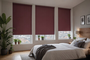 Burgundy blackout roller blind on windows in stylish modern badroom. Shutters on the plastic window.