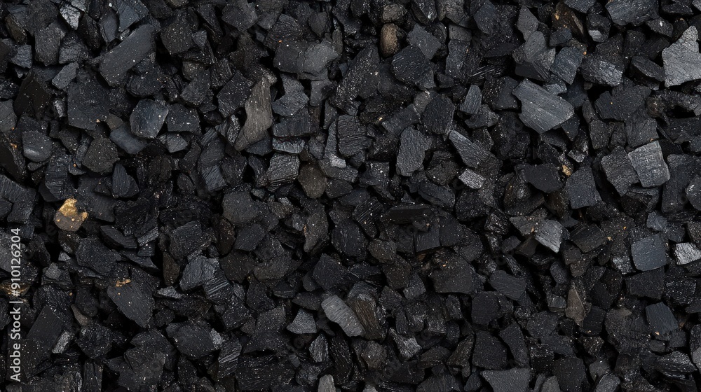 Poster texture of crushed black coal shows various stone shapes, creating a dark, gritty surface ideal for 