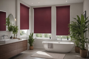 Burgundy blackout roller blind on windows in stylish modern bathroom. Shutters on the plastic window.
