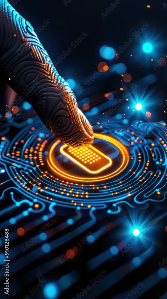 Poster a futuristic finger interacting with a digital circuit pattern, symbolizing technology and innovatio