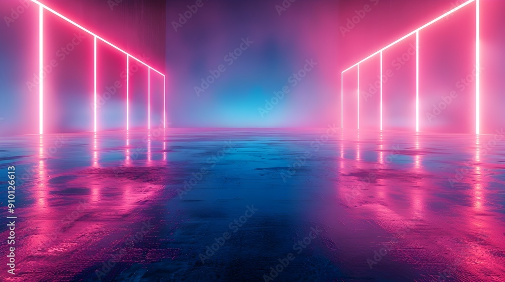 Poster neon blue and pink gradient with dynamic light streaks empty neon background for product concept dis