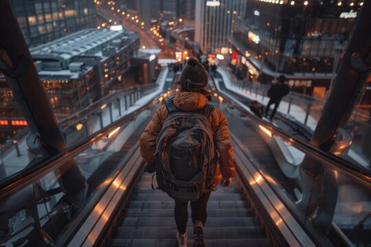 A person wearing a backpack descends an escalator in a futuristic and brightly lit urban area at night, capturing the essence of modern city life and nocturnal adventures.