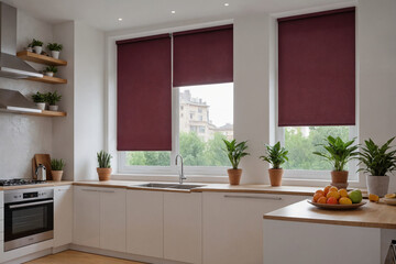 Burgundy blackout roller blind on windows in stylish modern kitchen. Shutters on the plastic window.
