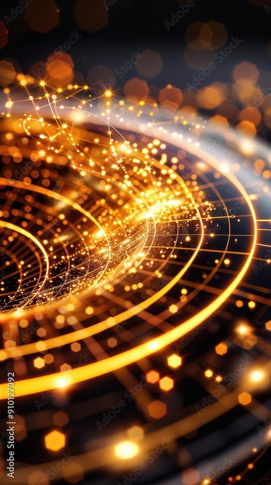 Poster a mesmerizing swirl of golden light particles, perfect for illustrating technology, data visualizati