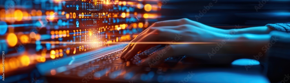 Poster a person typing on a keyboard with glowing digital elements in the background, symbolizing technolog