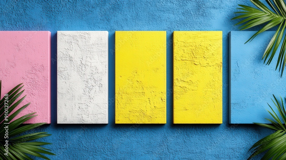 Poster a display of five textured canvases in various colors is arranged against a vibrant blue wall, borde