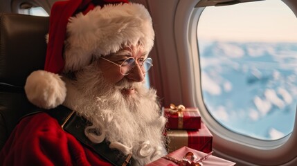 A man dressed as Santa Claus is sitting in an airplane window