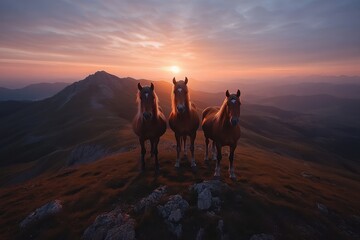 Silhouetted against a vibrant sunset, three horses stand atop a rugged peak, their forms outlined by the fading light, creating a striking visual in the serene evening.
