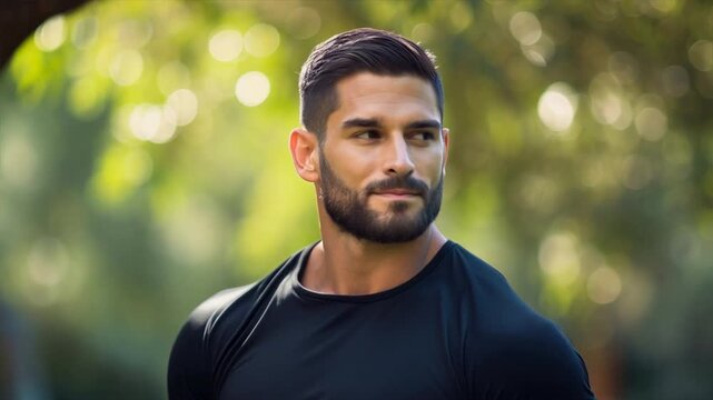 A muscular man standing in a park, arms crossed,