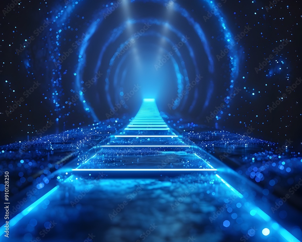Poster glowing neon blue background with shimmering light particles for modern product concepts and display