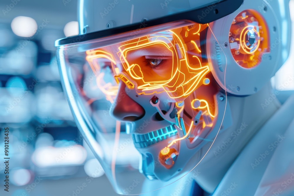 Poster close-up of a robotic face with illuminated circuits, showcasing advanced technology and futuristic 