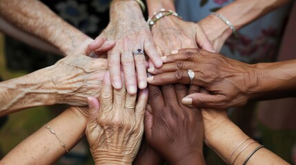 Close-up of hands of different ages and ethnicities holding each other in a circle of prayer. 
