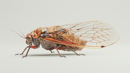 Close-up of a cicada with clear wings, showcasing its detailed patterns, isolated on a clean background with plenty of room for copy text or graphic elements