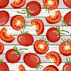 Tomatoes on a wooden background.Vector pattern with whole and cut tomatoes on a wooden background.