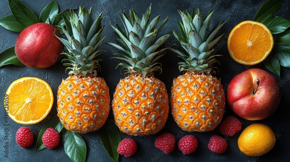 Sticker A vibrant array of pineapples, apples, oranges, and raspberries are beautifully arranged with green leaves on a dark background