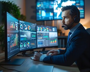 Obraz premium Businessperson in Video Conference Call with Multiple Analytics Screens and Charts