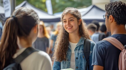 A vibrant and bustling scene of a university open day, where prospective students and their families are exploring the campus. The event is filled with informational booths, guided tours, and