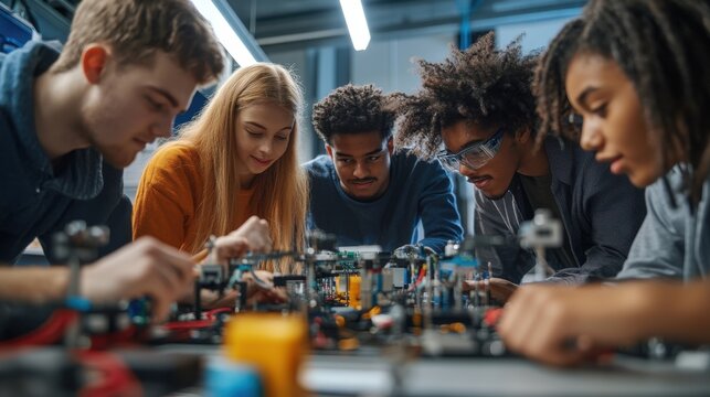 A dynamic and engaging scene of a group of students collaborating on a robotics project in a modern lab. The students, representing a diverse mix of backgrounds, are gathered around a table filled